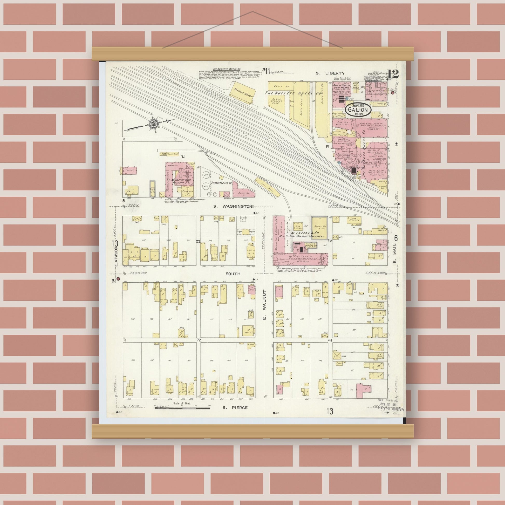 Old map wall art mockup — magnetic wood frame on brick wall — Sanborn Fire Insurance Map from Galion, Crawford County, Ohio (1913), Sheet #0012