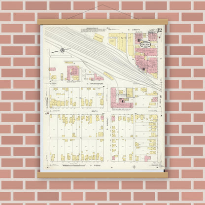 Old map wall art mockup — magnetic wood frame on brick wall — Sanborn Fire Insurance Map from Galion, Crawford County, Ohio (1913), Sheet #0012