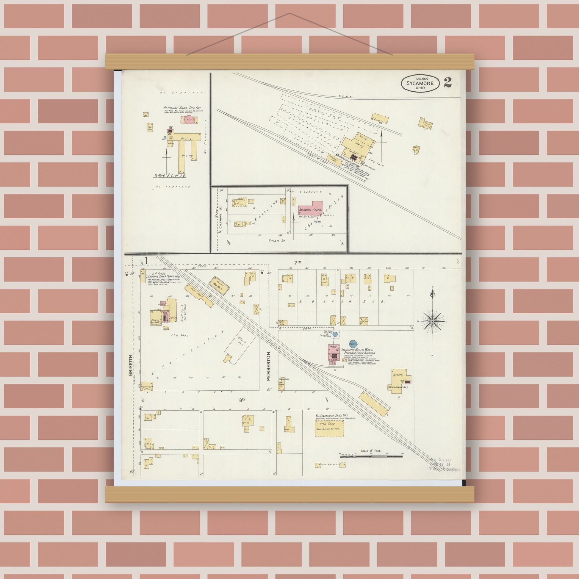 Old map wall art mockup — magnetic wood frame on brick wall — Sanborn Fire Insurance Map from Sycamore, Wyandot County, Ohio (1902), Sheet #0002