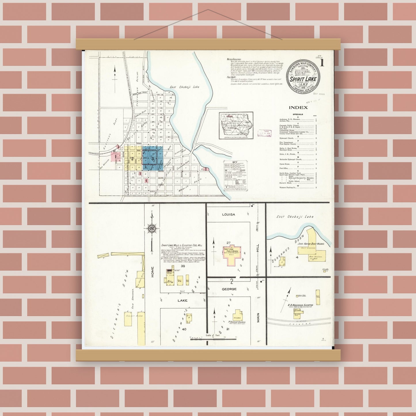 Old map wall art mockup — magnetic wood frame on brick wall — Sanborn Fire Insurance Map from Spirit Lake, Dickinson County, Iowa (1913), Sheet #0001