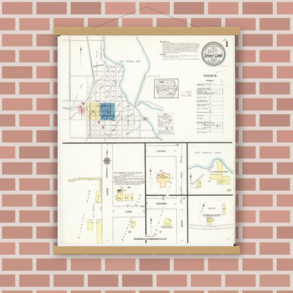Old map wall art mockup — magnetic wood frame on brick wall — Sanborn Fire Insurance Map from Spirit Lake, Dickinson County, Iowa (1913), Sheet #0001