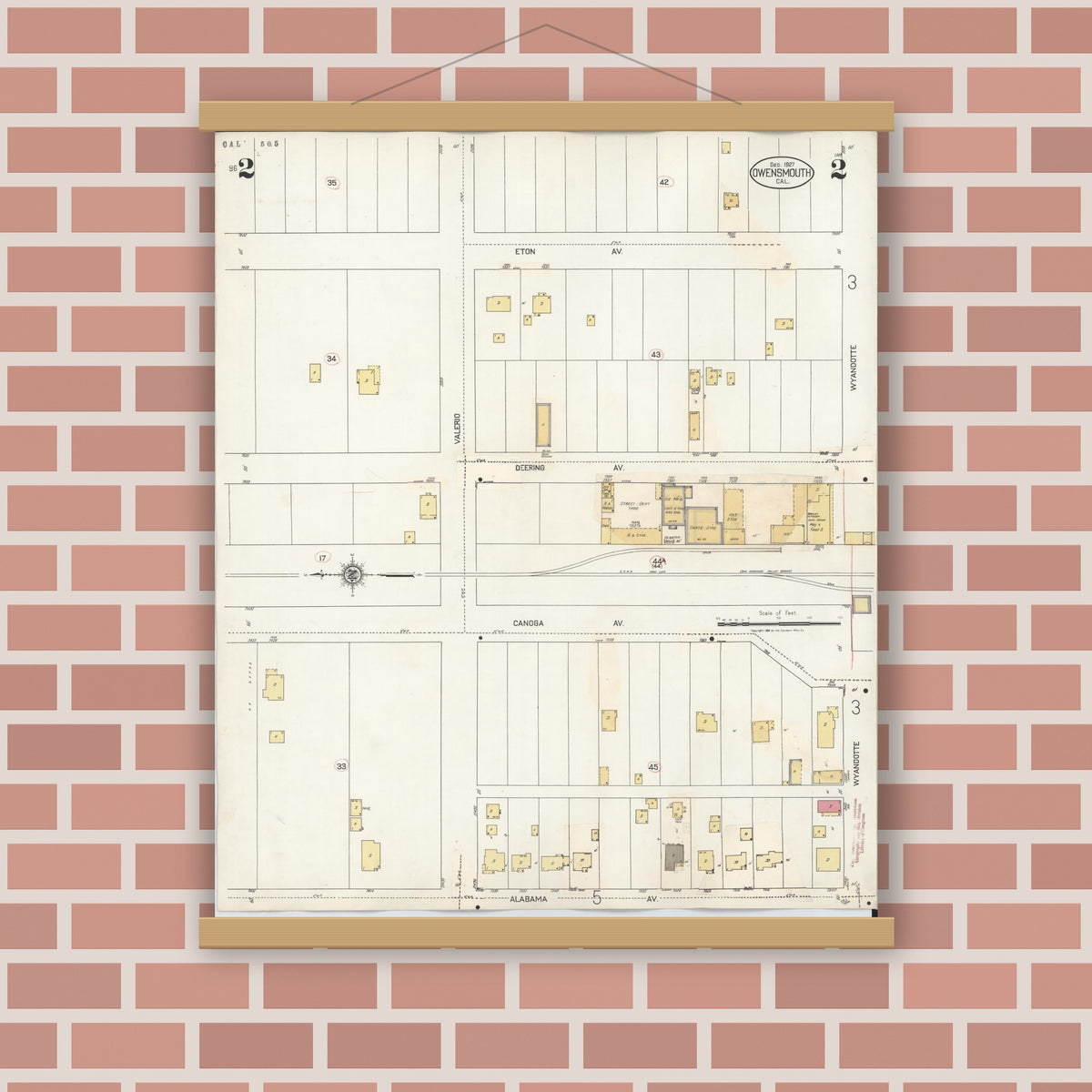 Old map wall art mockup — magnetic wood frame on brick wall — Sanborn Fire Insurance Map from Canoga Park, Los Angeles County, California (1932), Sheet #0002