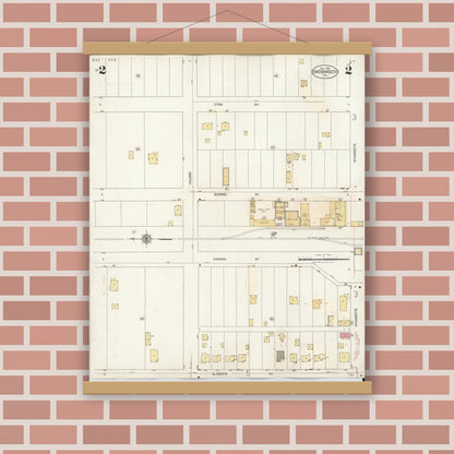 Old map wall art mockup — magnetic wood frame on brick wall — Sanborn Fire Insurance Map from Canoga Park, Los Angeles County, California (1932), Sheet #0002