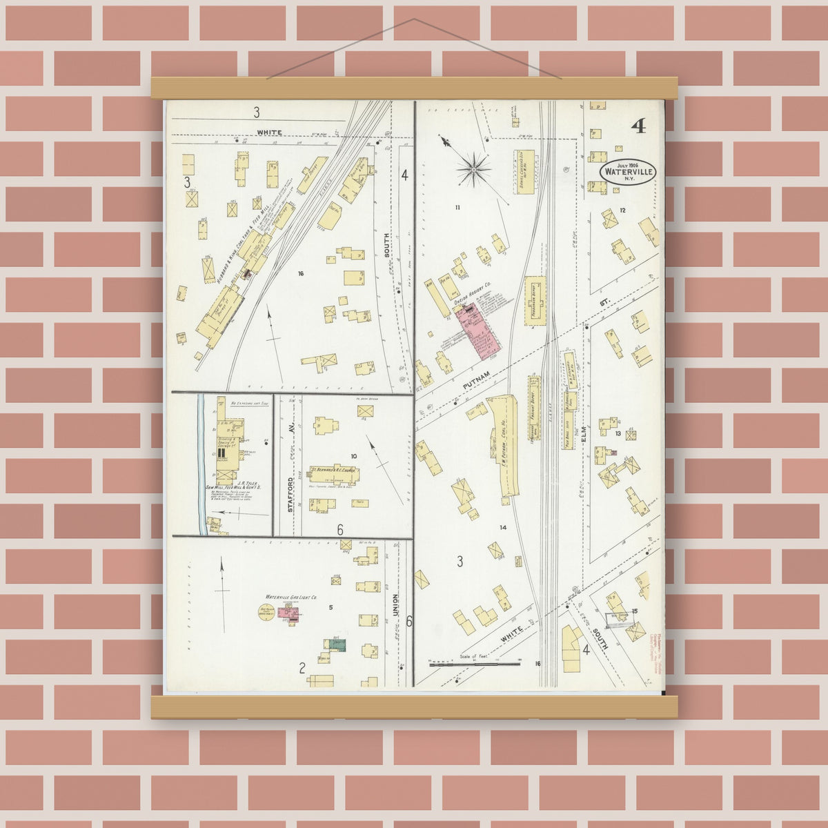 Old map wall art mockup — magnetic wood frame on brick wall — Sanborn Fire Insurance Map from Waterville, Oneida County, New York (1906), Sheet #0004