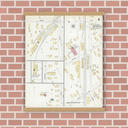 Old map wall art mockup — magnetic wood frame on brick wall — Sanborn Fire Insurance Map from Waterville, Oneida County, New York (1906), Sheet #0004