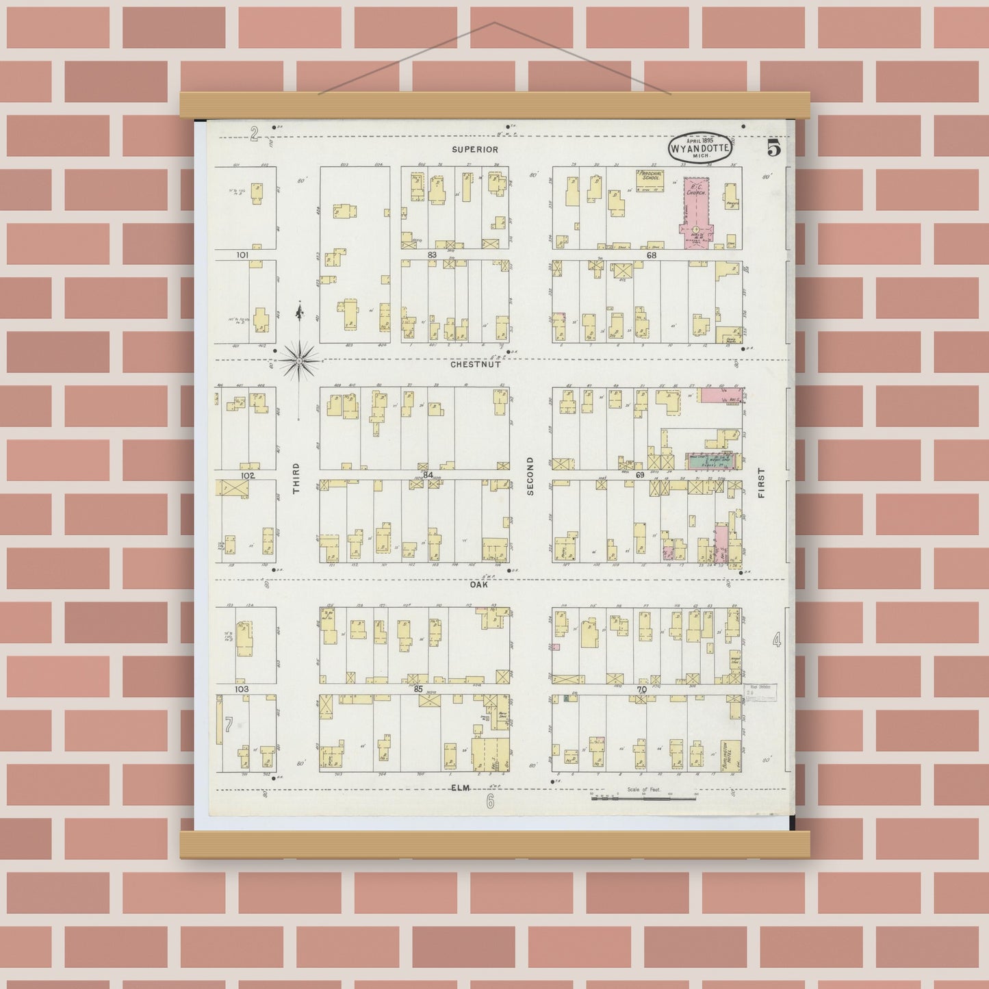 Old map wall art mockup — magnetic wood frame on brick wall — Sanborn Fire Insurance Map from Wyandotte, Wayne County, Michigan (1895), Sheet #0005