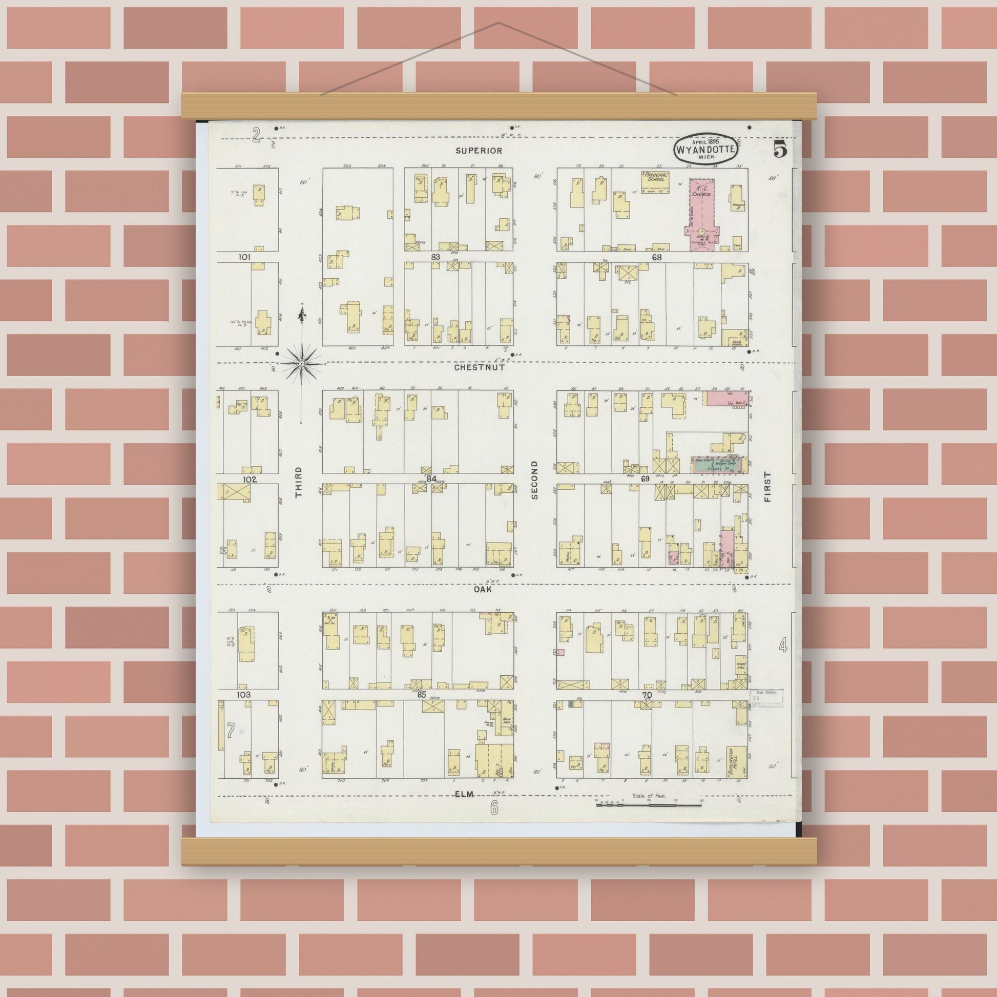 Old map wall art mockup — magnetic wood frame on brick wall — Sanborn Fire Insurance Map from Wyandotte, Wayne County, Michigan (1895), Sheet #0005