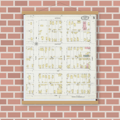 Old map wall art mockup — magnetic wood frame on brick wall — Sanborn Fire Insurance Map from Wyandotte, Wayne County, Michigan (1895), Sheet #0005