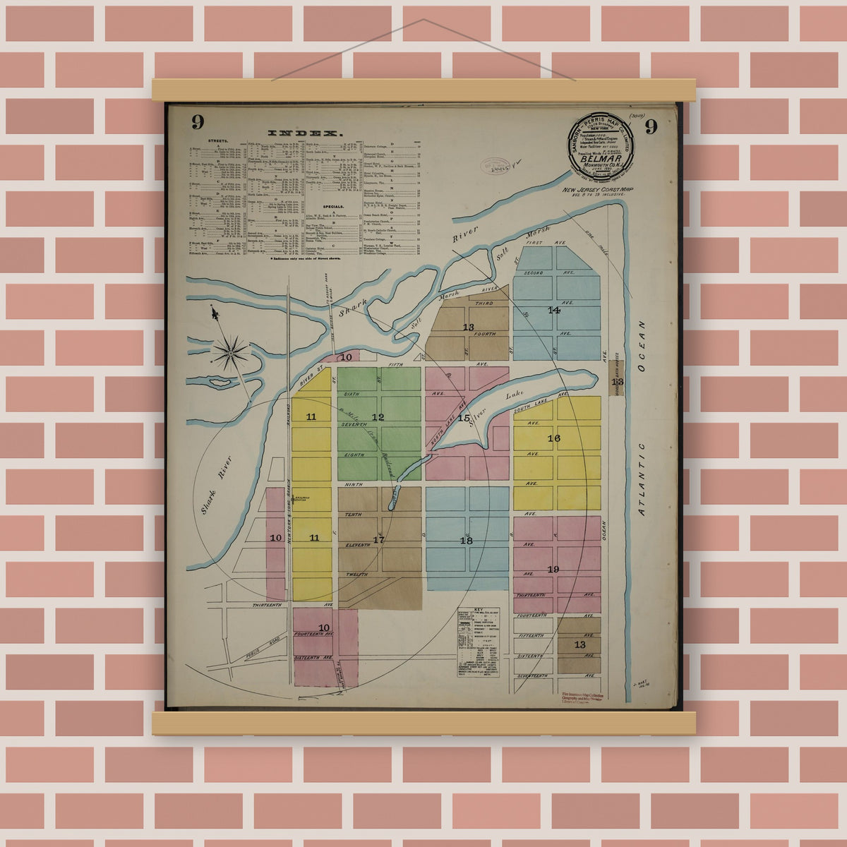 Old map wall art mockup — magnetic wood frame on brick wall — Sanborn Fire Insurance Map from New Jersey Coast, New Jersey Coast, New Jersey (1890), Sheet #0009