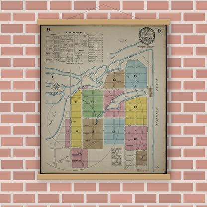 Old map wall art mockup — magnetic wood frame on brick wall — Sanborn Fire Insurance Map from New Jersey Coast, New Jersey Coast, New Jersey (1890), Sheet #0009