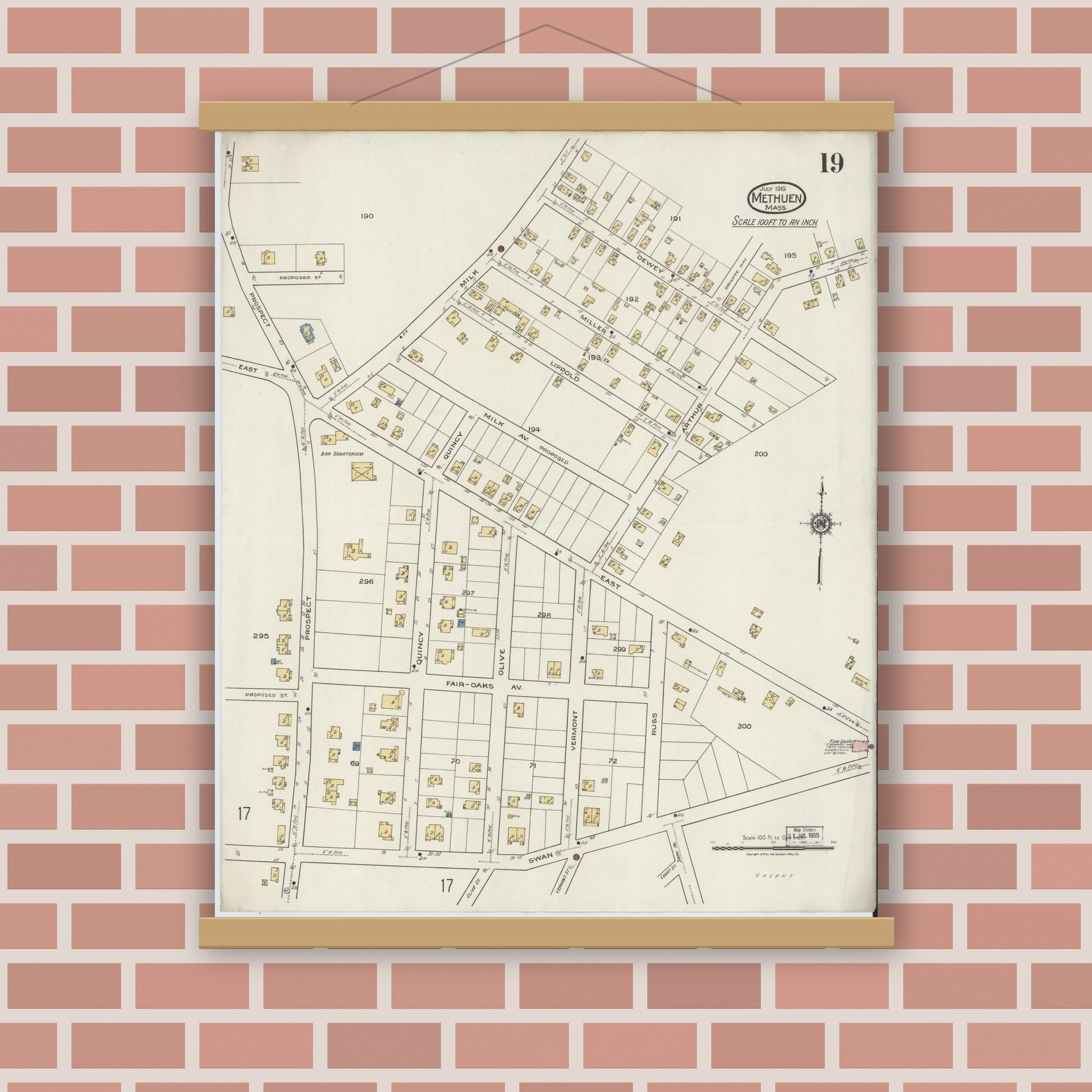 Old map wall art mockup — magnetic wood frame on brick wall — Sanborn Fire Insurance Map from Methuen, Essex County, Massachusetts (1919), Sheet #0019