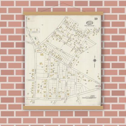 Old map wall art mockup — magnetic wood frame on brick wall — Sanborn Fire Insurance Map from Methuen, Essex County, Massachusetts (1919), Sheet #0019