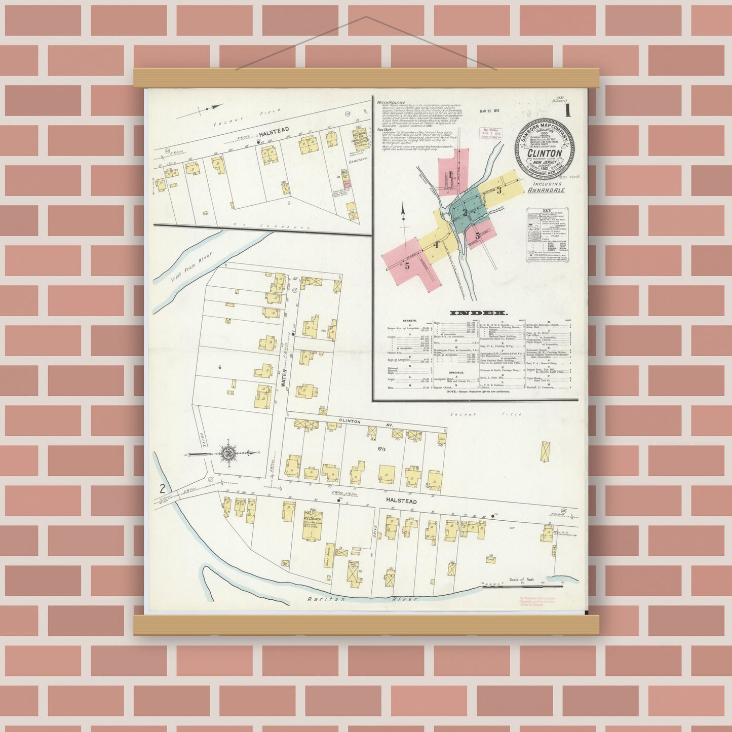 Old map wall art mockup — magnetic wood frame on brick wall — Sanborn Fire Insurance Map from Clinton, Hunterdon County, New Jersey (1912), Sheet #0001