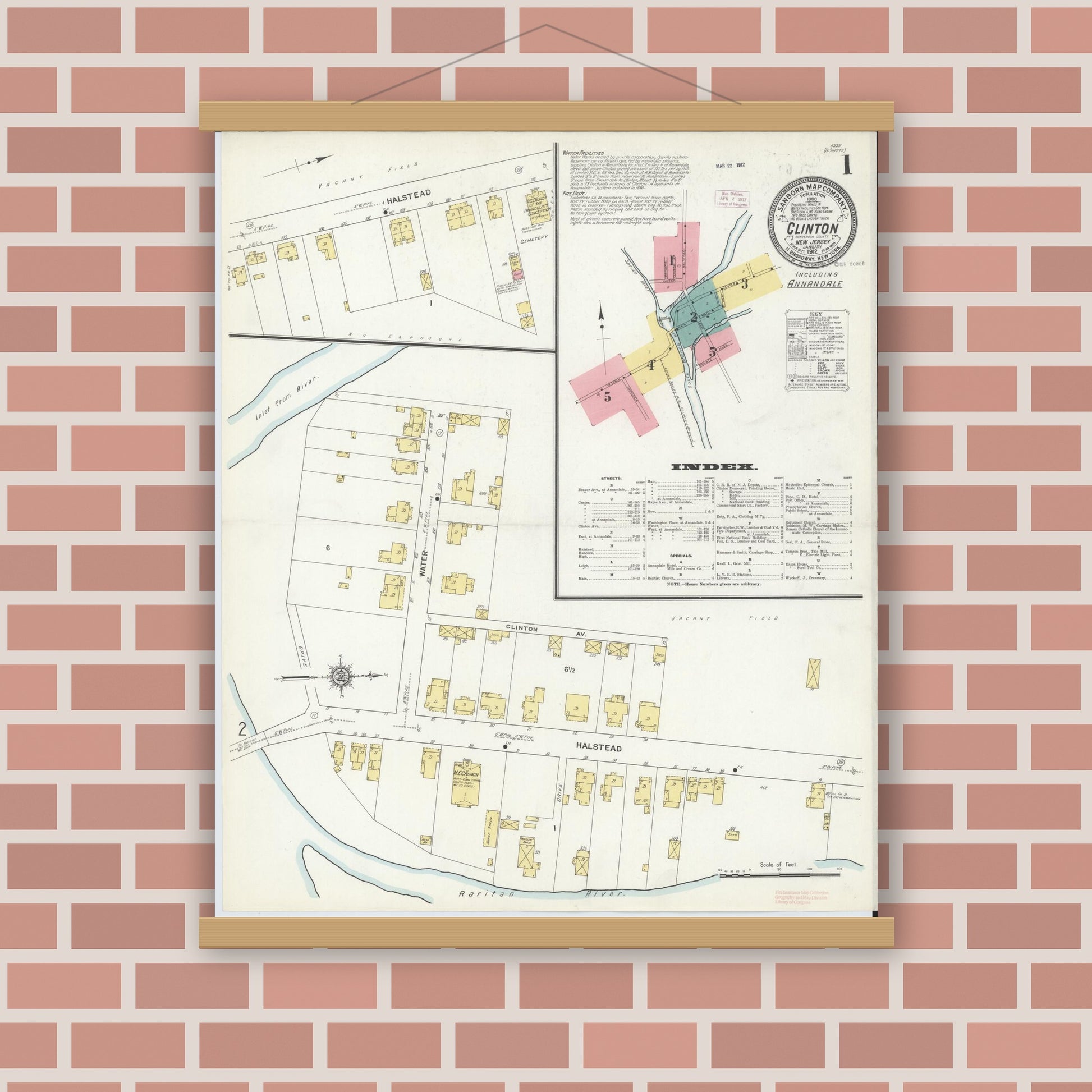Old map wall art mockup — magnetic wood frame on brick wall — Sanborn Fire Insurance Map from Clinton, Hunterdon County, New Jersey (1912), Sheet #0001