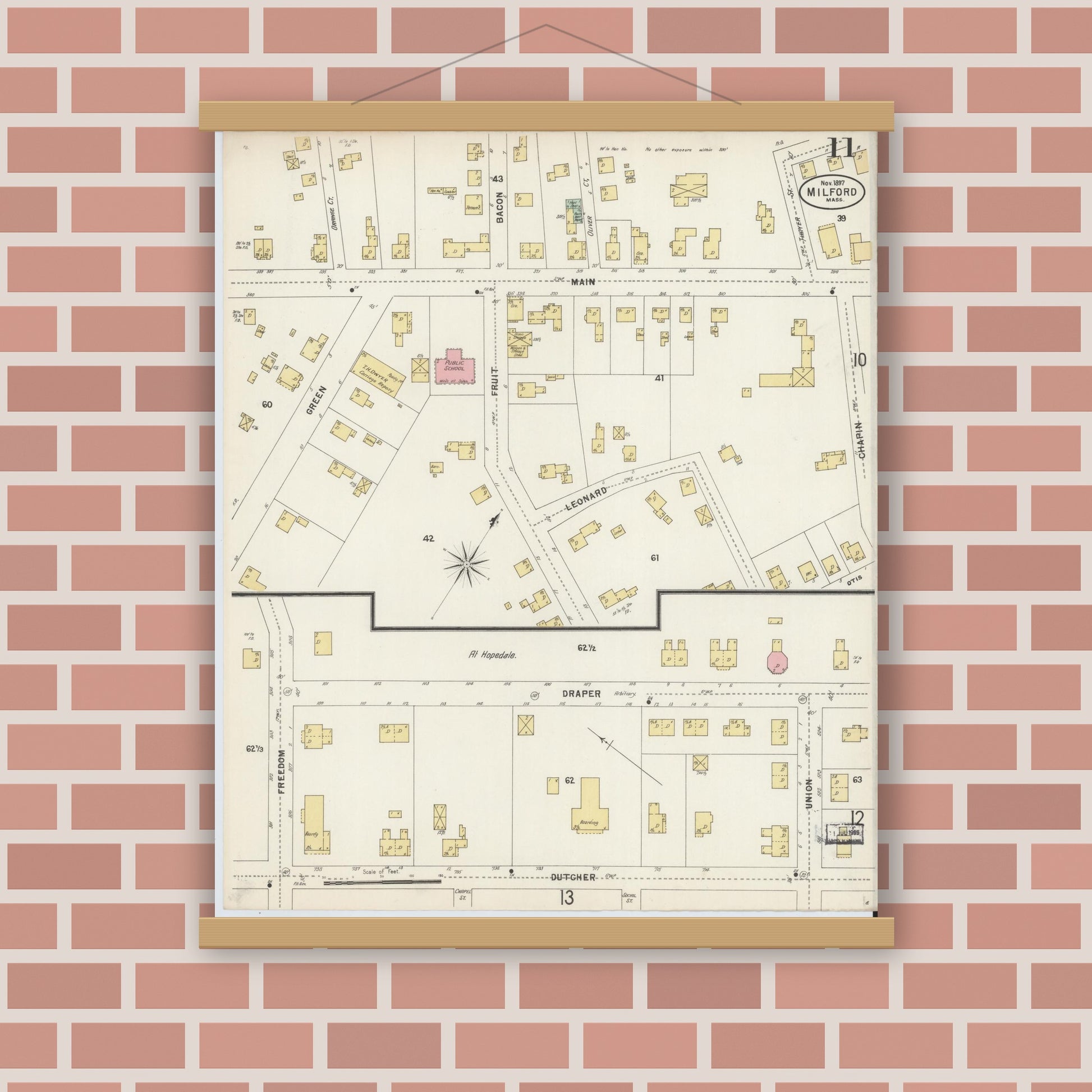 Old map wall art mockup — magnetic wood frame on brick wall — Sanborn Fire Insurance Map from Milford, Worcester County, Massachusetts (1897), Sheet #0011