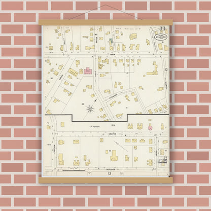Old map wall art mockup — magnetic wood frame on brick wall — Sanborn Fire Insurance Map from Milford, Worcester County, Massachusetts (1897), Sheet #0011