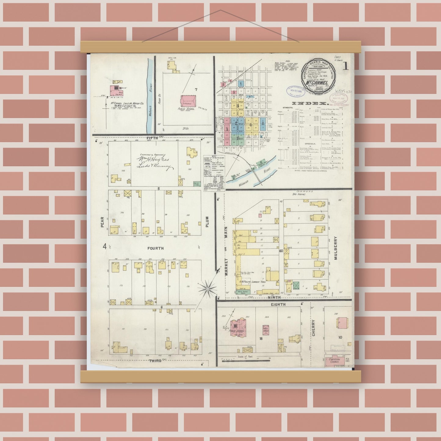 Old map wall art mockup — magnetic wood frame on brick wall — Sanborn Fire Insurance Map from Mount Carmel, Wabash County, Illinois (1897) - Complete Map Set