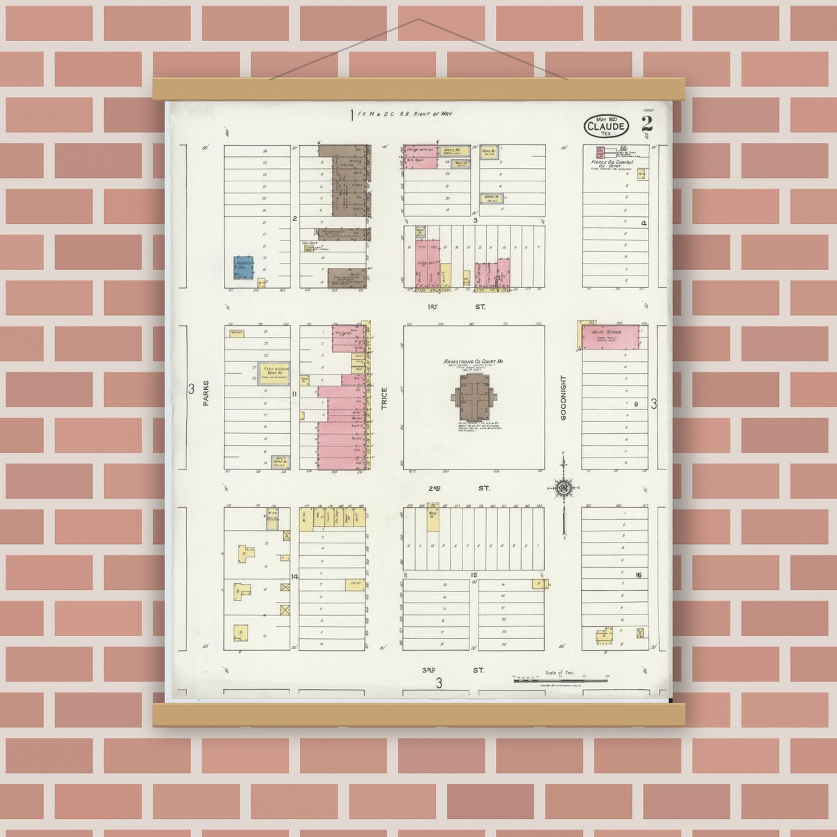 Old map wall art mockup — magnetic wood frame on brick wall — Sanborn Fire Insurance Map from Claude, Armstrong County, Texas (1921), Sheet #0002