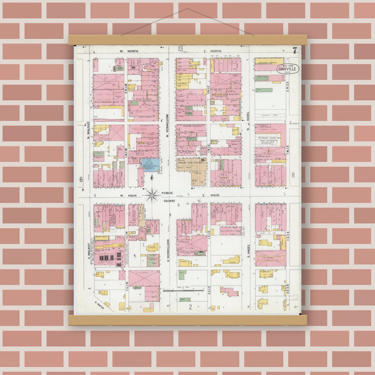 Old map wall art mockup — magnetic wood frame on brick wall — Sanborn Fire Insurance Map from Danville, Vermilion County, Illinois (1900), Sheet #0007