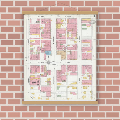Old map wall art mockup — magnetic wood frame on brick wall — Sanborn Fire Insurance Map from Danville, Vermilion County, Illinois (1900), Sheet #0007