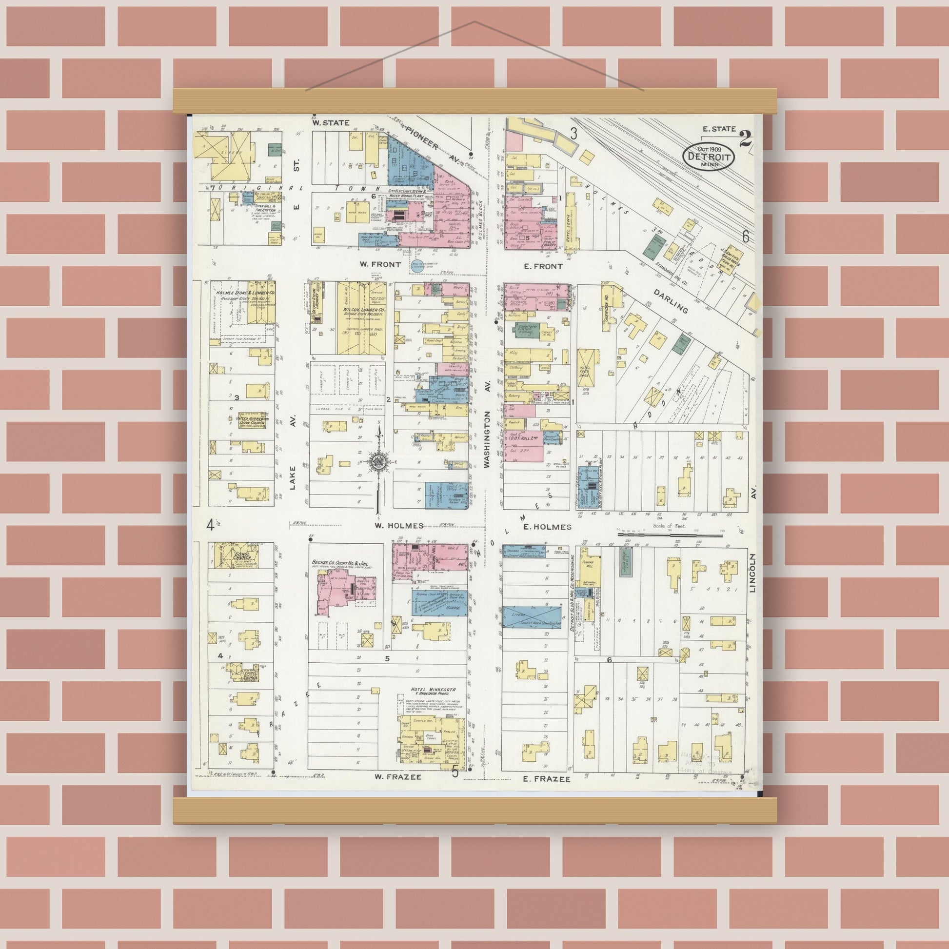 Old map wall art mockup — magnetic wood frame on brick wall — Sanborn Fire Insurance Map from Detroit Lakes, Becker County, Minnesota (1909), Sheet #0002