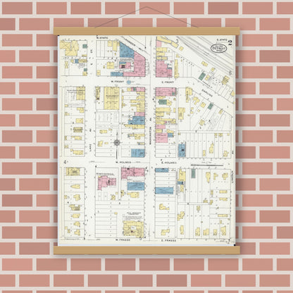 Old map wall art mockup — magnetic wood frame on brick wall — Sanborn Fire Insurance Map from Detroit Lakes, Becker County, Minnesota (1909), Sheet #0002