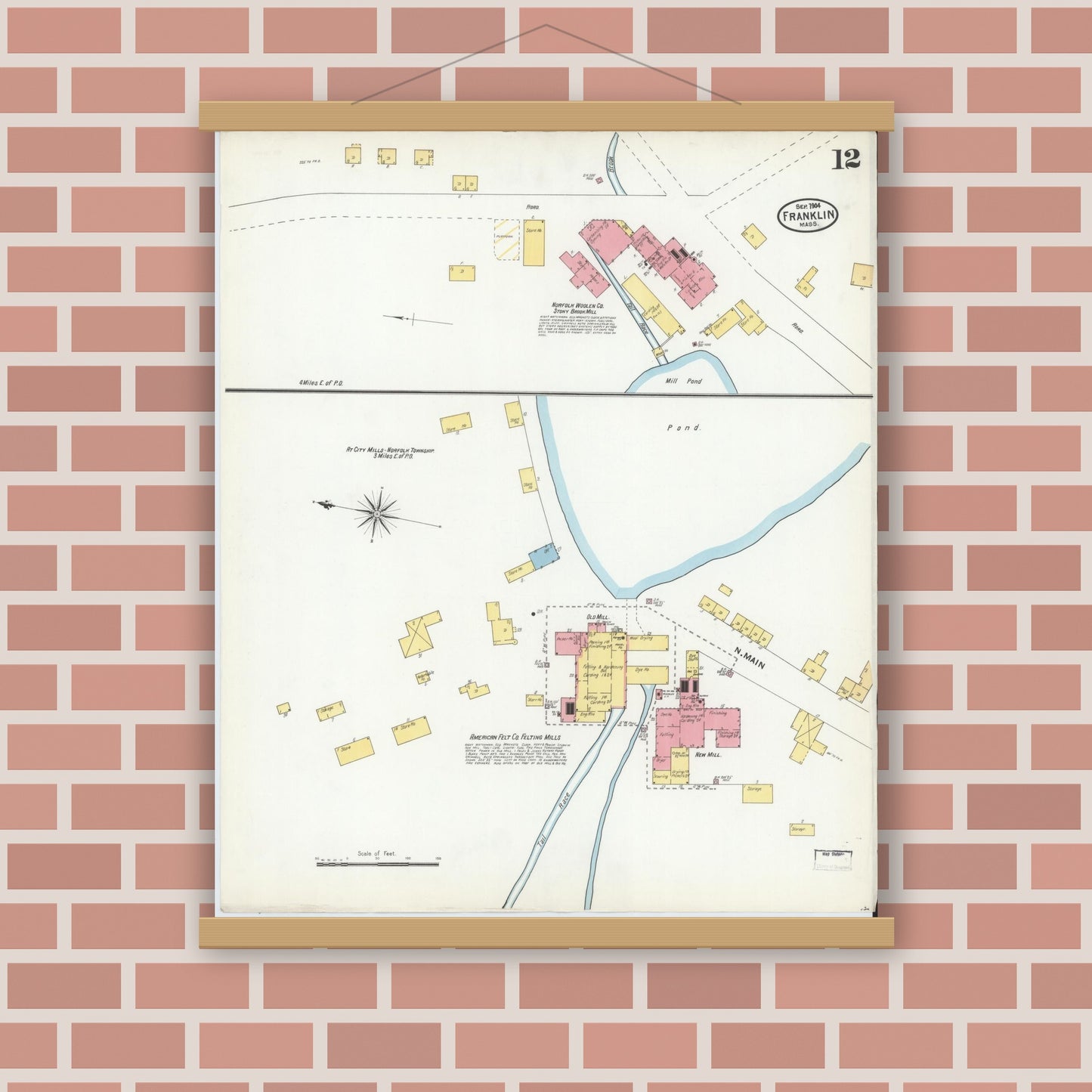 Old map wall art mockup — magnetic wood frame on brick wall — Sanborn Fire Insurance Map from Franklin, Norfolk County, Massachusetts (1904), Sheet #0012