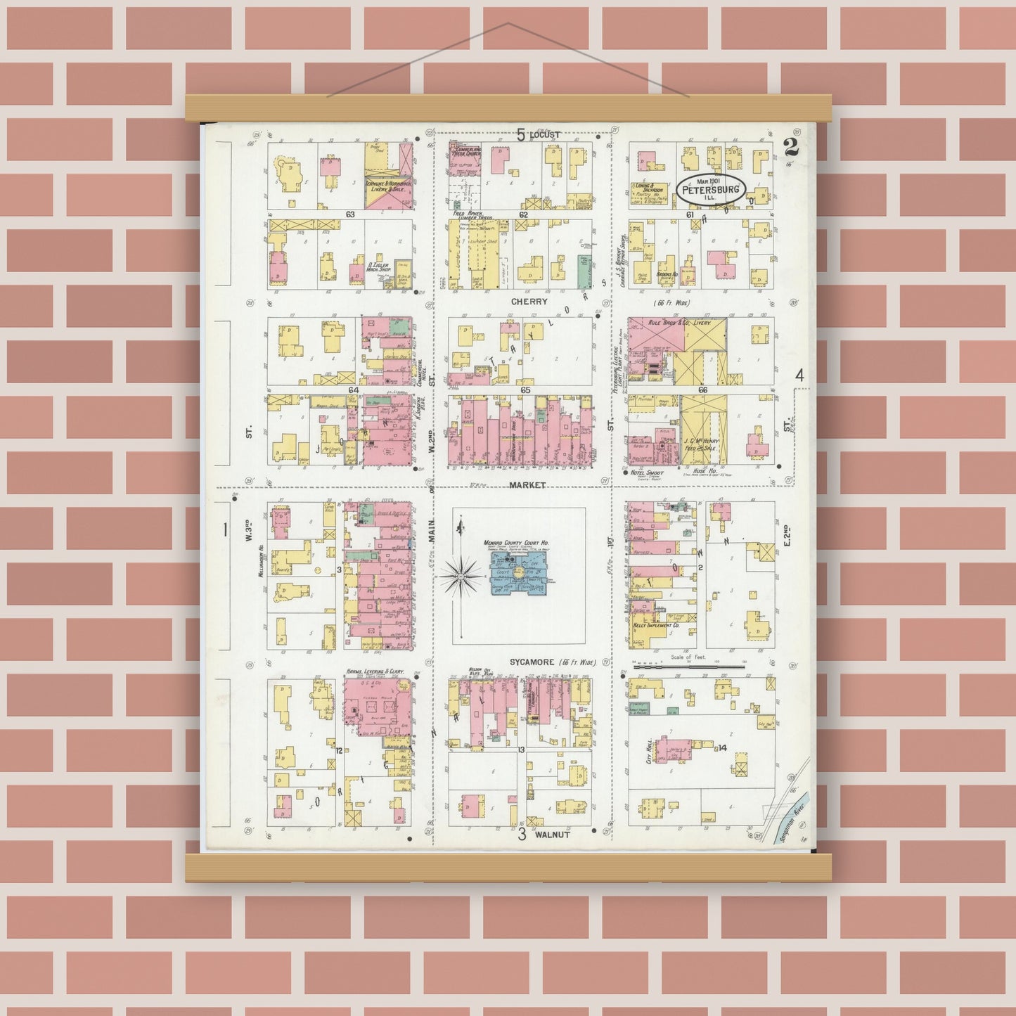 Old map wall art mockup — magnetic wood frame on brick wall — Sanborn Fire Insurance Map from Petersburg, Menard County, Illinois (1901), Sheet #0002