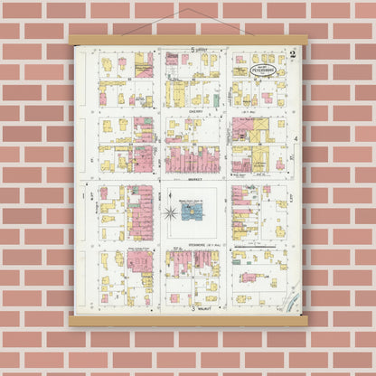 Old map wall art mockup — magnetic wood frame on brick wall — Sanborn Fire Insurance Map from Petersburg, Menard County, Illinois (1901), Sheet #0002