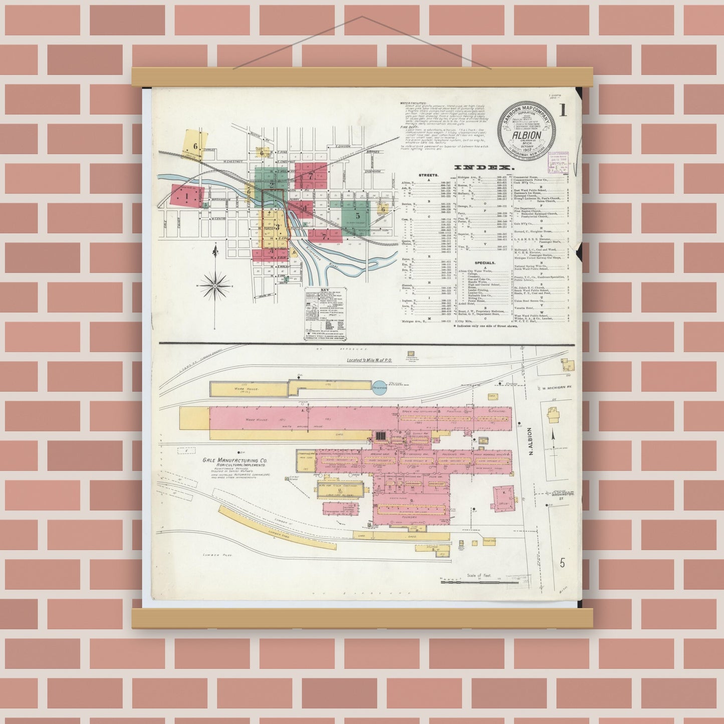 Old map wall art mockup — magnetic wood frame on brick wall — Sanborn Fire Insurance Map from Albion, Calhoun County, Michigan (1907), Sheet #0001