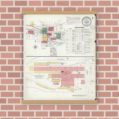 Old map wall art mockup — magnetic wood frame on brick wall — Sanborn Fire Insurance Map from Albion, Calhoun County, Michigan (1907), Sheet #0001