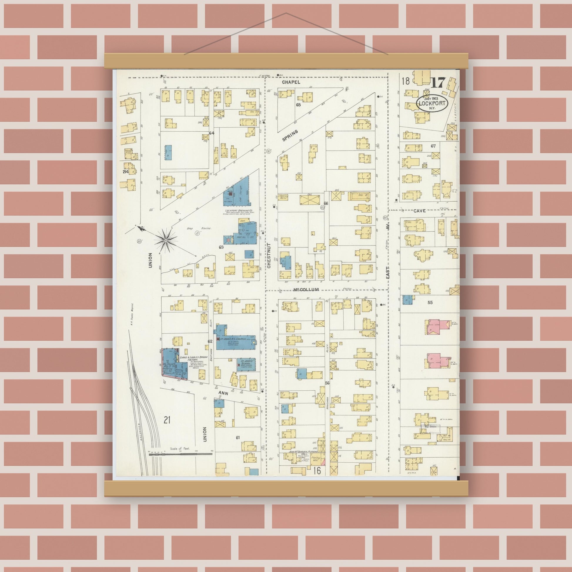Old map wall art mockup — magnetic wood frame on brick wall — Sanborn Fire Insurance Map from Lockport, Niagara County, New York (1903), Sheet #0017