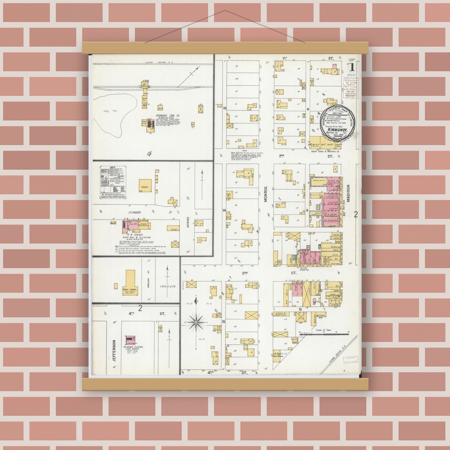 Old map wall art mockup — magnetic wood frame on brick wall — Sanborn Fire Insurance Map from Kinmundy, Marion County, Illinois (1900), Sheet #0001