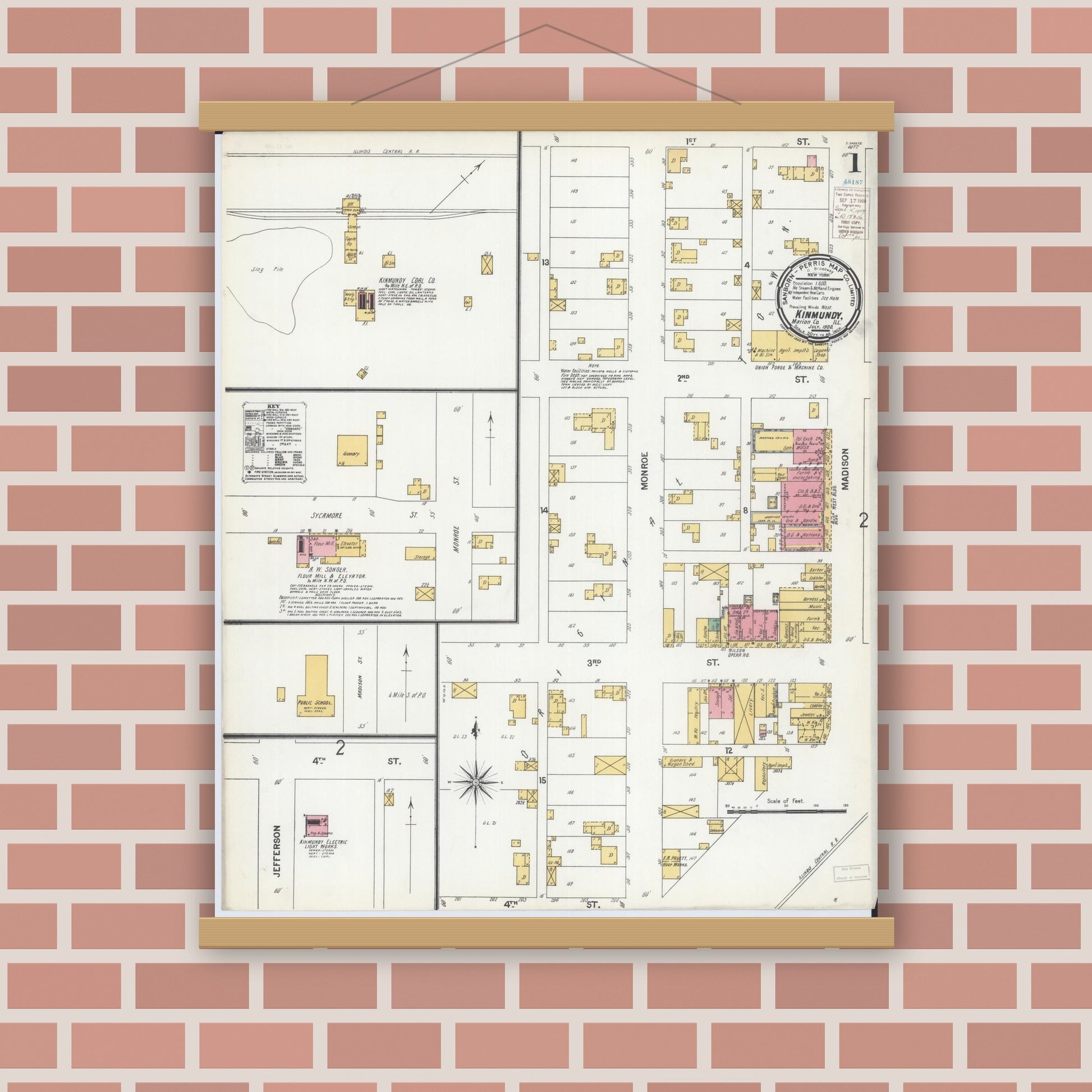 Old map wall art mockup — magnetic wood frame on brick wall — Sanborn Fire Insurance Map from Kinmundy, Marion County, Illinois (1900), Sheet #0001