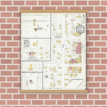 Old map wall art mockup — magnetic wood frame on brick wall — Sanborn Fire Insurance Map from Kinmundy, Marion County, Illinois (1900), Sheet #0001