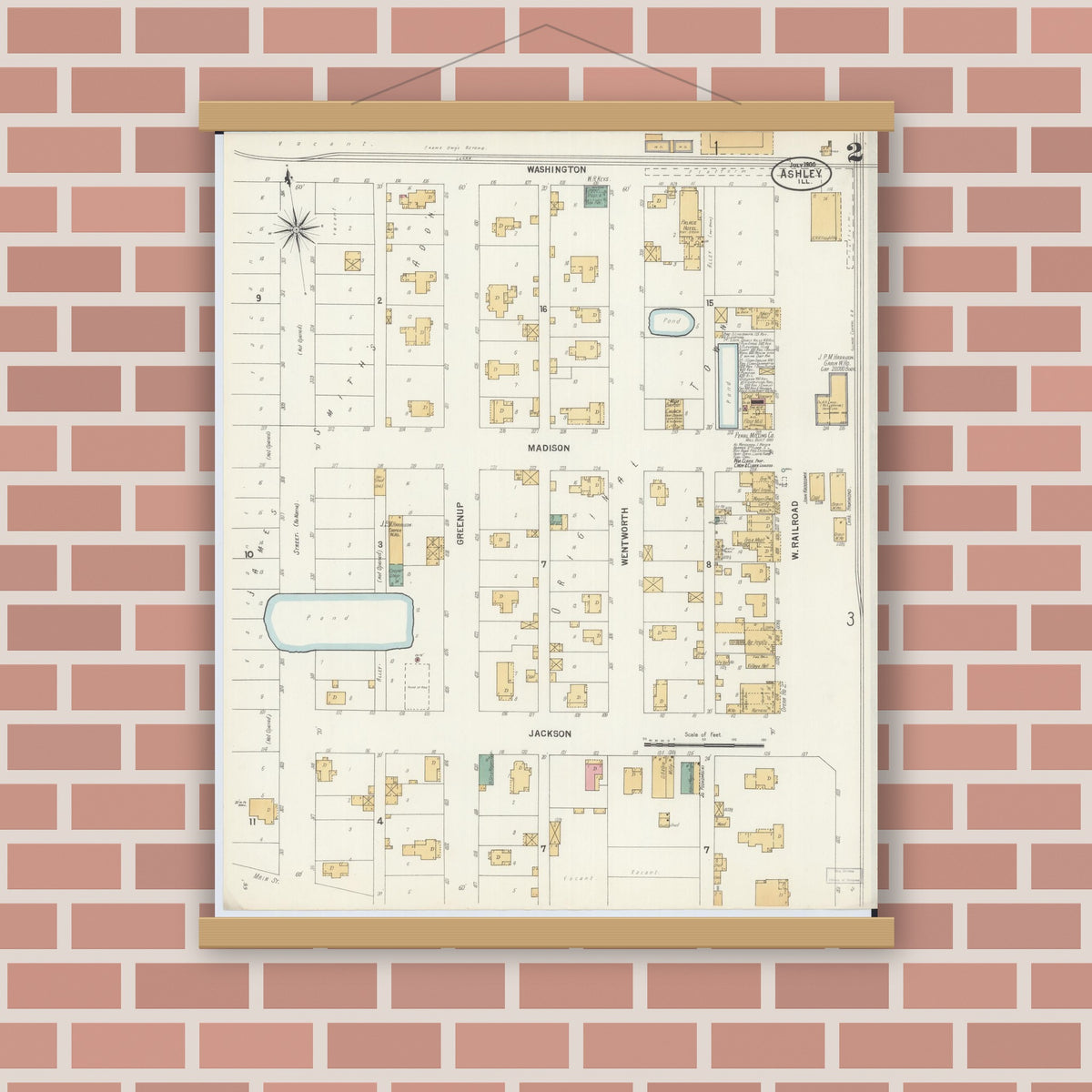Old map wall art mockup — magnetic wood frame on brick wall — Sanborn Fire Insurance Map from Ashley, Washington County, Illinois (1900), Sheet #0002