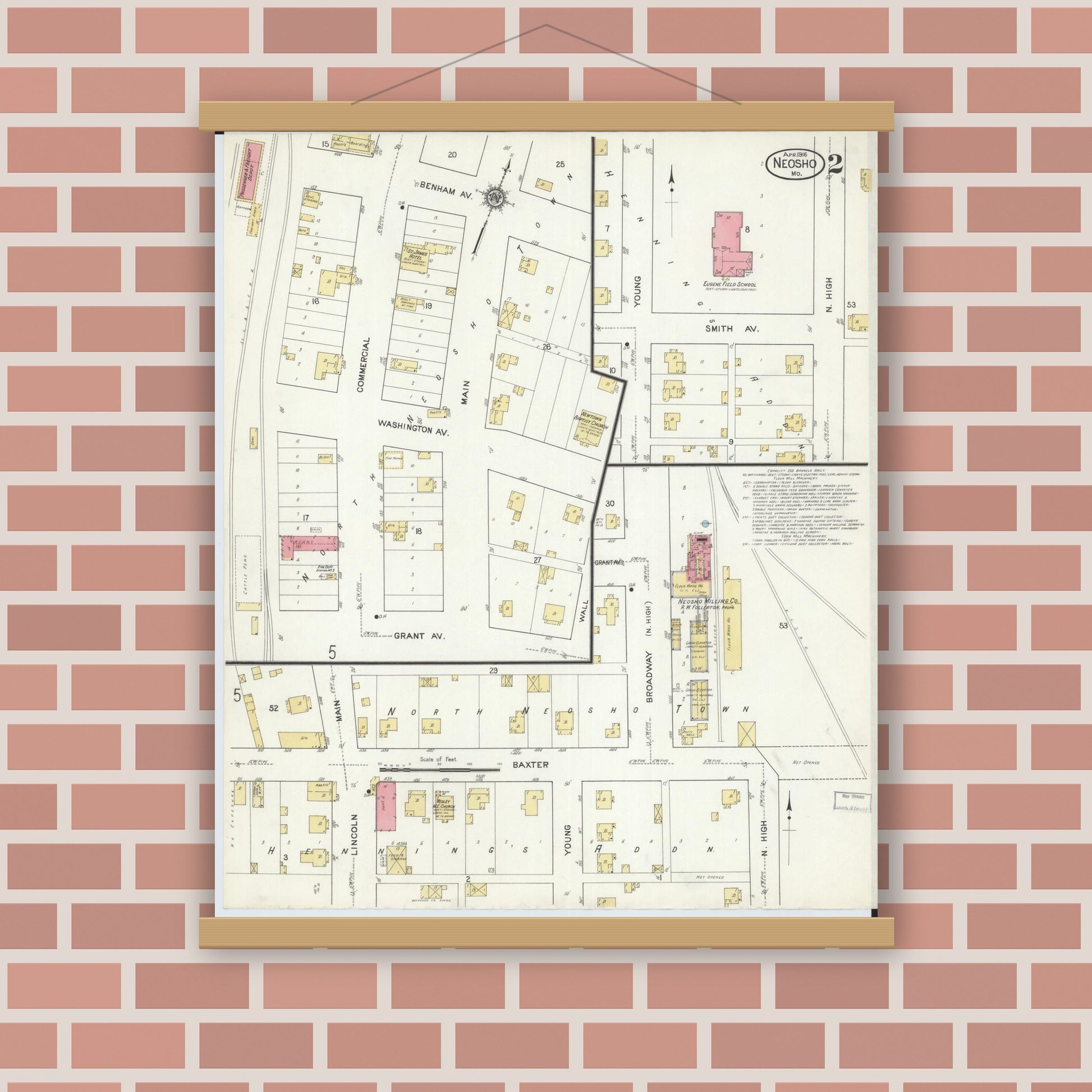 Old map wall art mockup — magnetic wood frame on brick wall — Sanborn Fire Insurance Map from Neosho, Newton County, Missouri (1916), Sheet #0002
