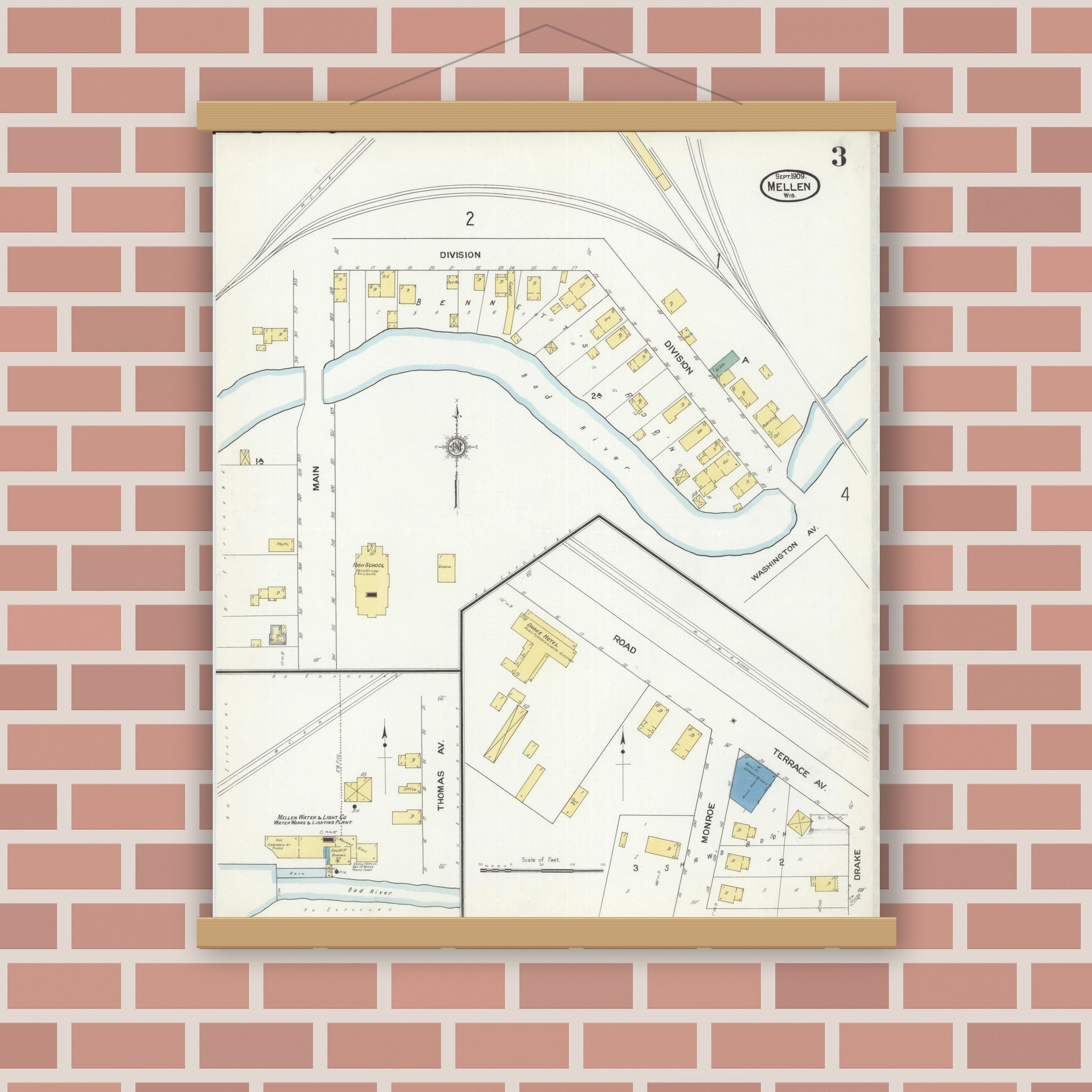 Old map wall art mockup — magnetic wood frame on brick wall — Sanborn Fire Insurance Map from Mellen, Ashland County, Wisconsin (1909), Sheet #0003