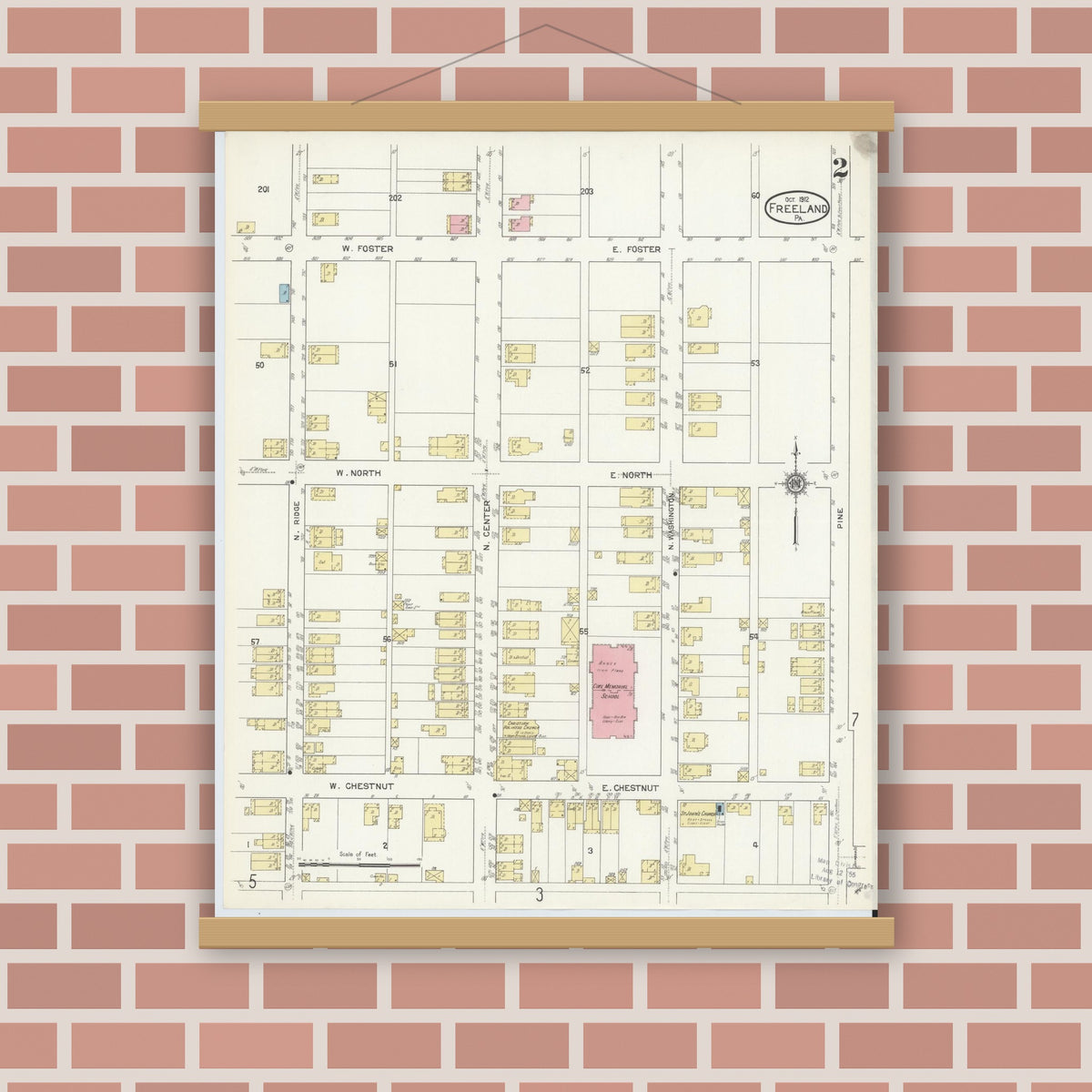 Old map wall art mockup — magnetic wood frame on brick wall — Sanborn Fire Insurance Map from Freeland, Luzerne County, Pennsylvania (1912), Sheet #0002