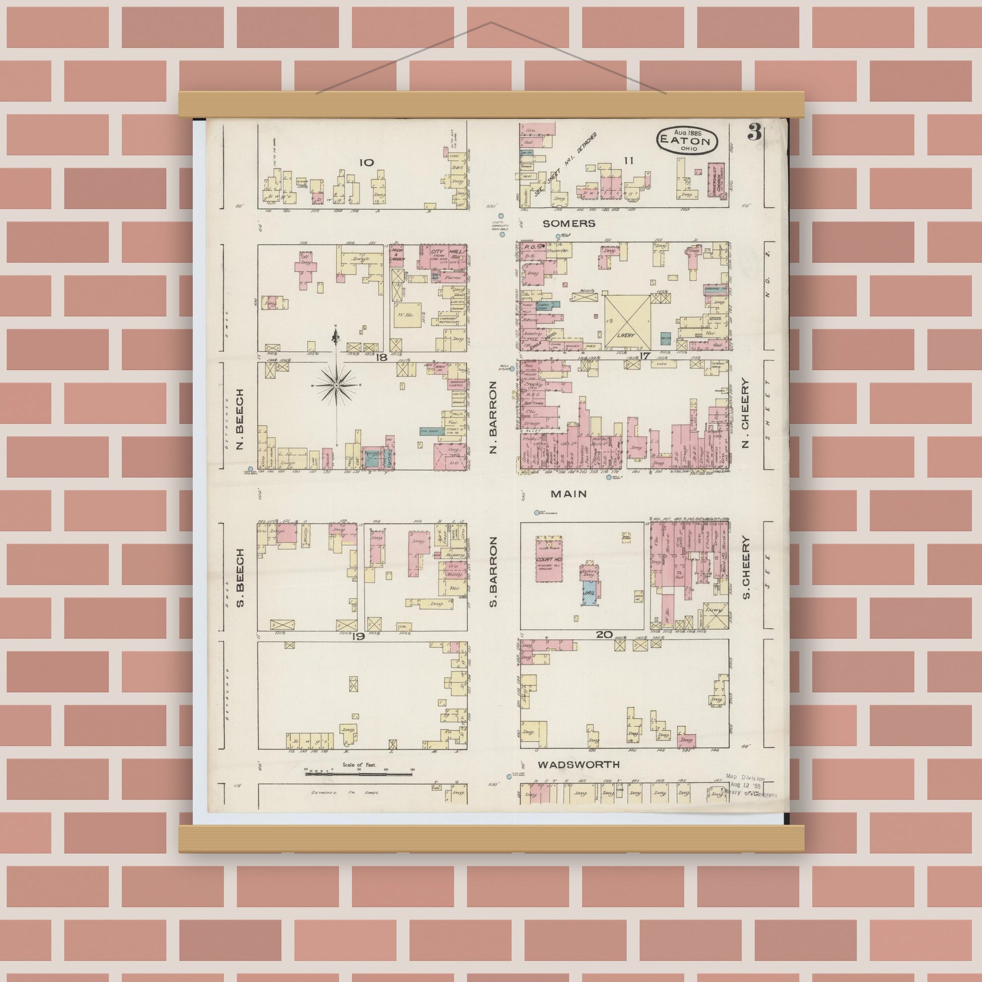 Old map wall art mockup — magnetic wood frame on brick wall — Sanborn Fire Insurance Map from Eaton, Preble County, Ohio (1885), Sheet #0003