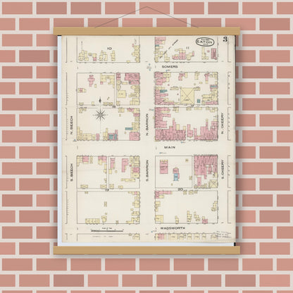 Old map wall art mockup — magnetic wood frame on brick wall — Sanborn Fire Insurance Map from Eaton, Preble County, Ohio (1885), Sheet #0003