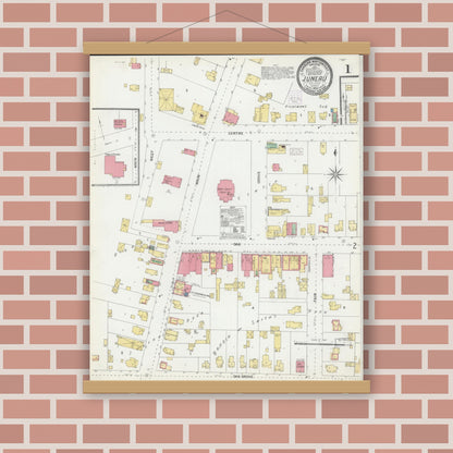 Old map wall art mockup — magnetic wood frame on brick wall — Sanborn Fire Insurance Map from Juneau, Dodge County, Wisconsin (1904), Sheet #0001