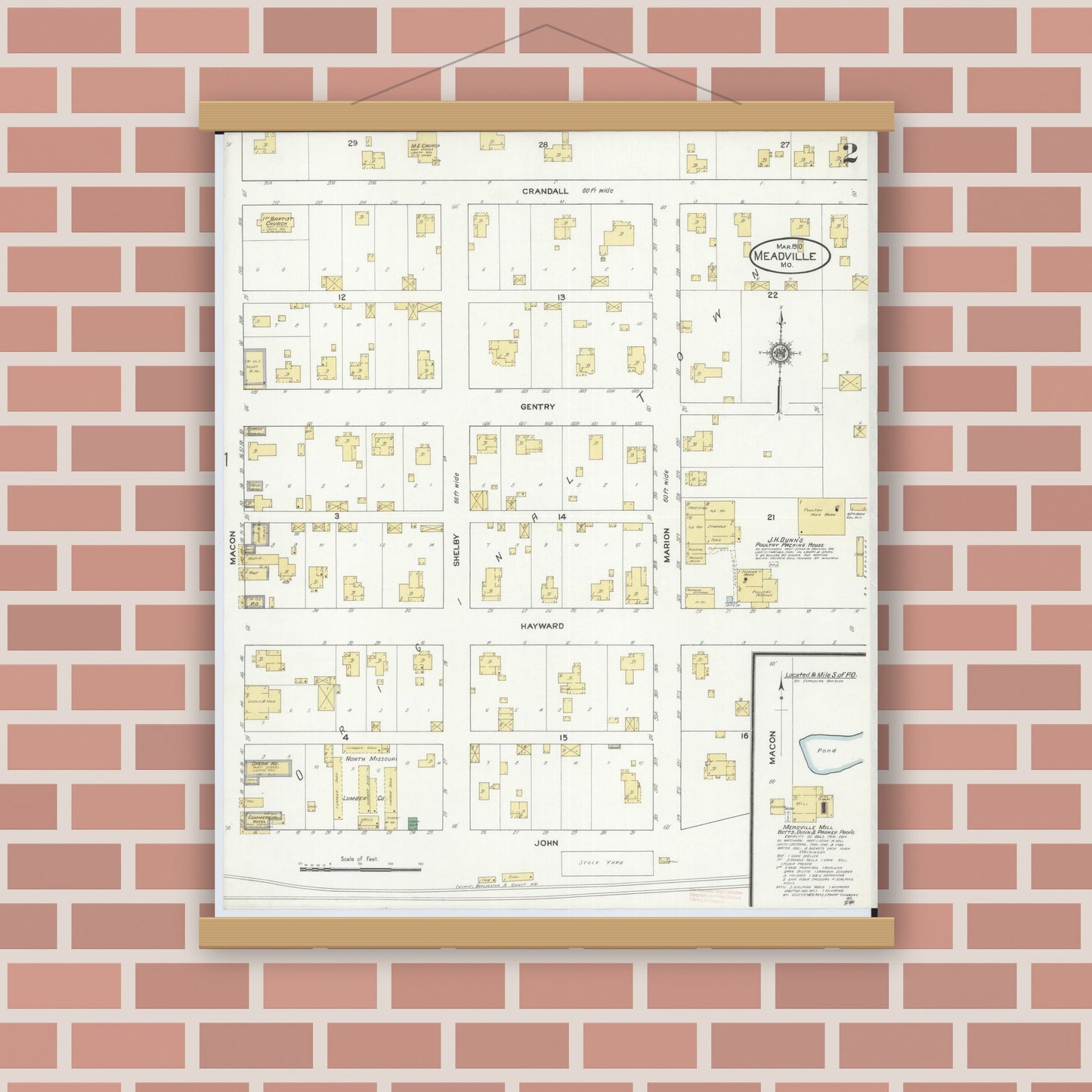 Old map wall art mockup — magnetic wood frame on brick wall — Sanborn Fire Insurance Map from Meadville, Linn County, Missouri (1910), Sheet #0002
