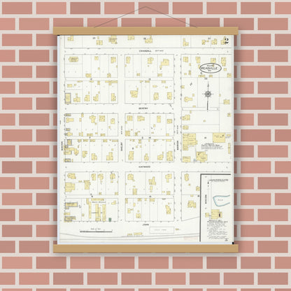 Old map wall art mockup — magnetic wood frame on brick wall — Sanborn Fire Insurance Map from Meadville, Linn County, Missouri (1910), Sheet #0002