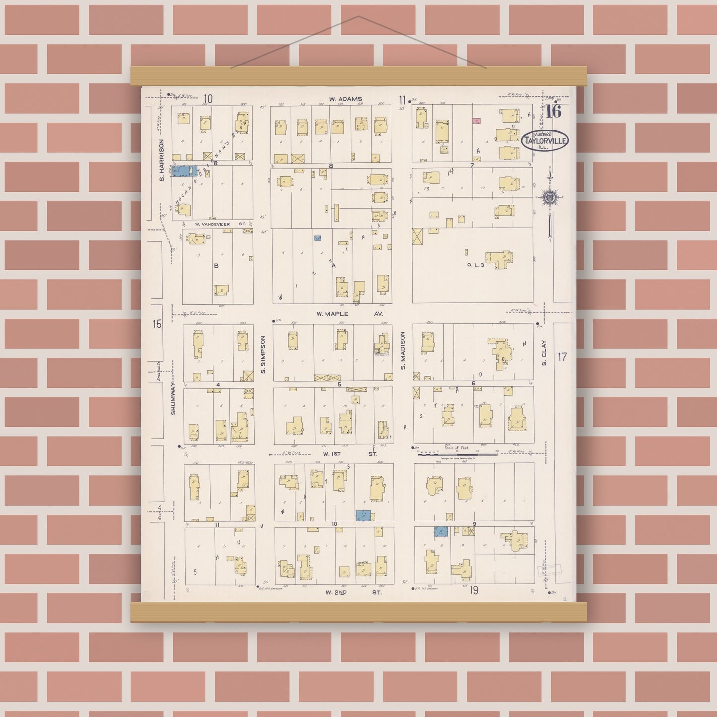 Old map wall art mockup — magnetic wood frame on brick wall — Sanborn Fire Insurance Map from Taylorville, Christian County, Illinois (1922), Sheet #0016
