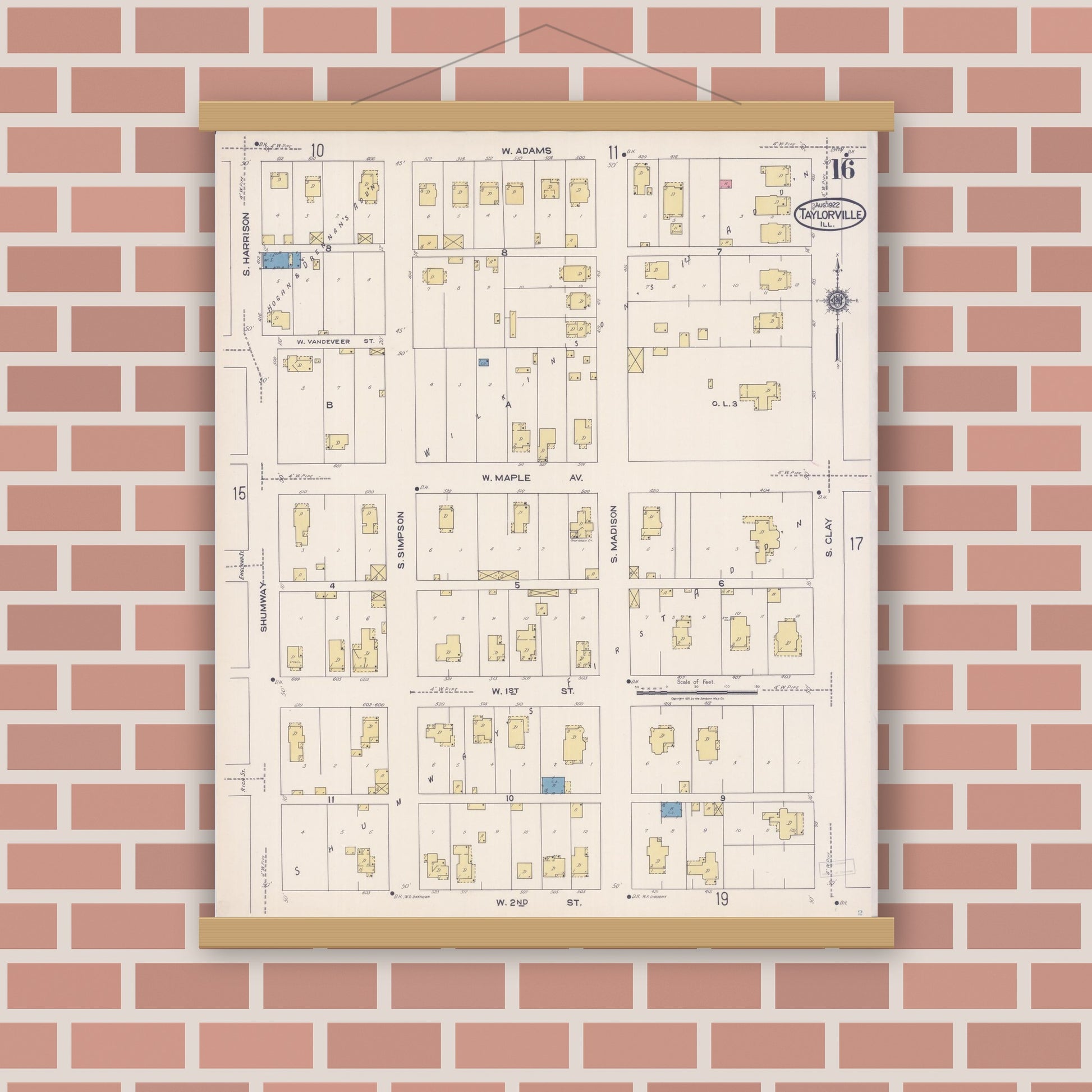 Old map wall art mockup — magnetic wood frame on brick wall — Sanborn Fire Insurance Map from Taylorville, Christian County, Illinois (1922), Sheet #0016