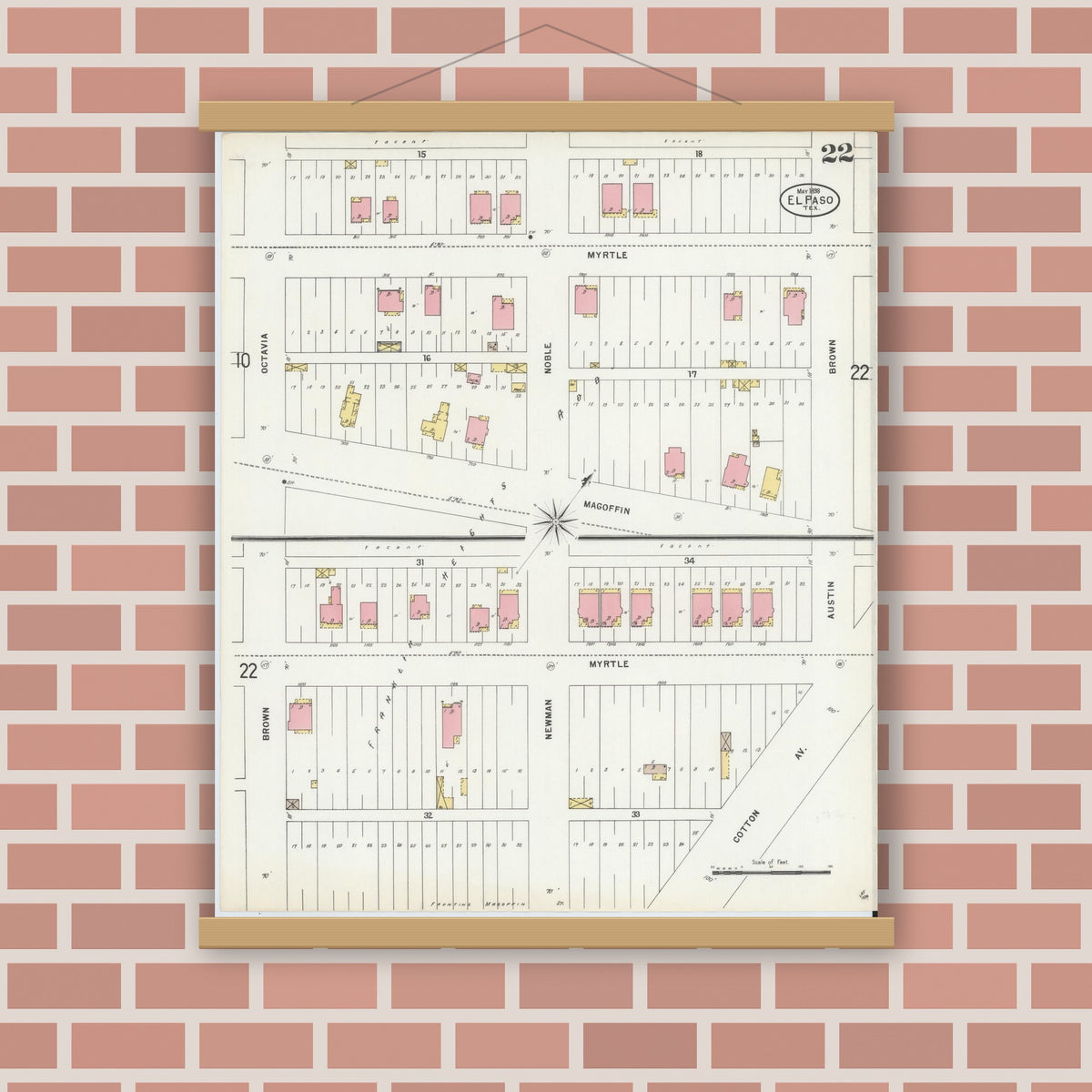 Old map wall art mockup — magnetic wood frame on brick wall — Sanborn Fire Insurance Map from El Paso, El Paso County, Texas (1898), Sheet #0022