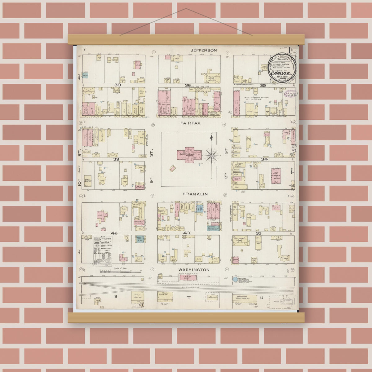 Old map wall art mockup — magnetic wood frame on brick wall — Sanborn Fire Insurance Map from Carlyle, Clinton County, Illinois (1886) - Complete Map Set
