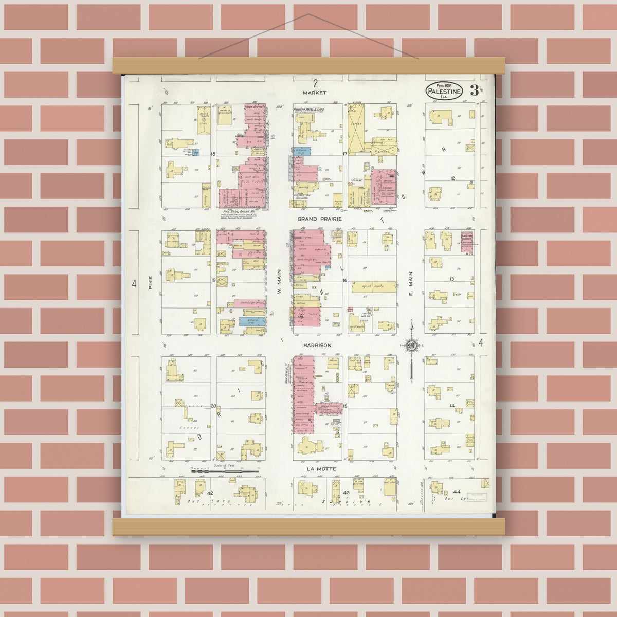 Old map wall art mockup — magnetic wood frame on brick wall — Sanborn Fire Insurance Map from Palestine, Crawford County, Illinois (1916), Sheet #0003