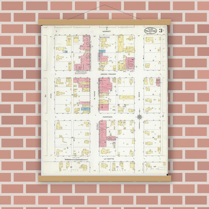 Old map wall art mockup — magnetic wood frame on brick wall — Sanborn Fire Insurance Map from Palestine, Crawford County, Illinois (1916), Sheet #0003